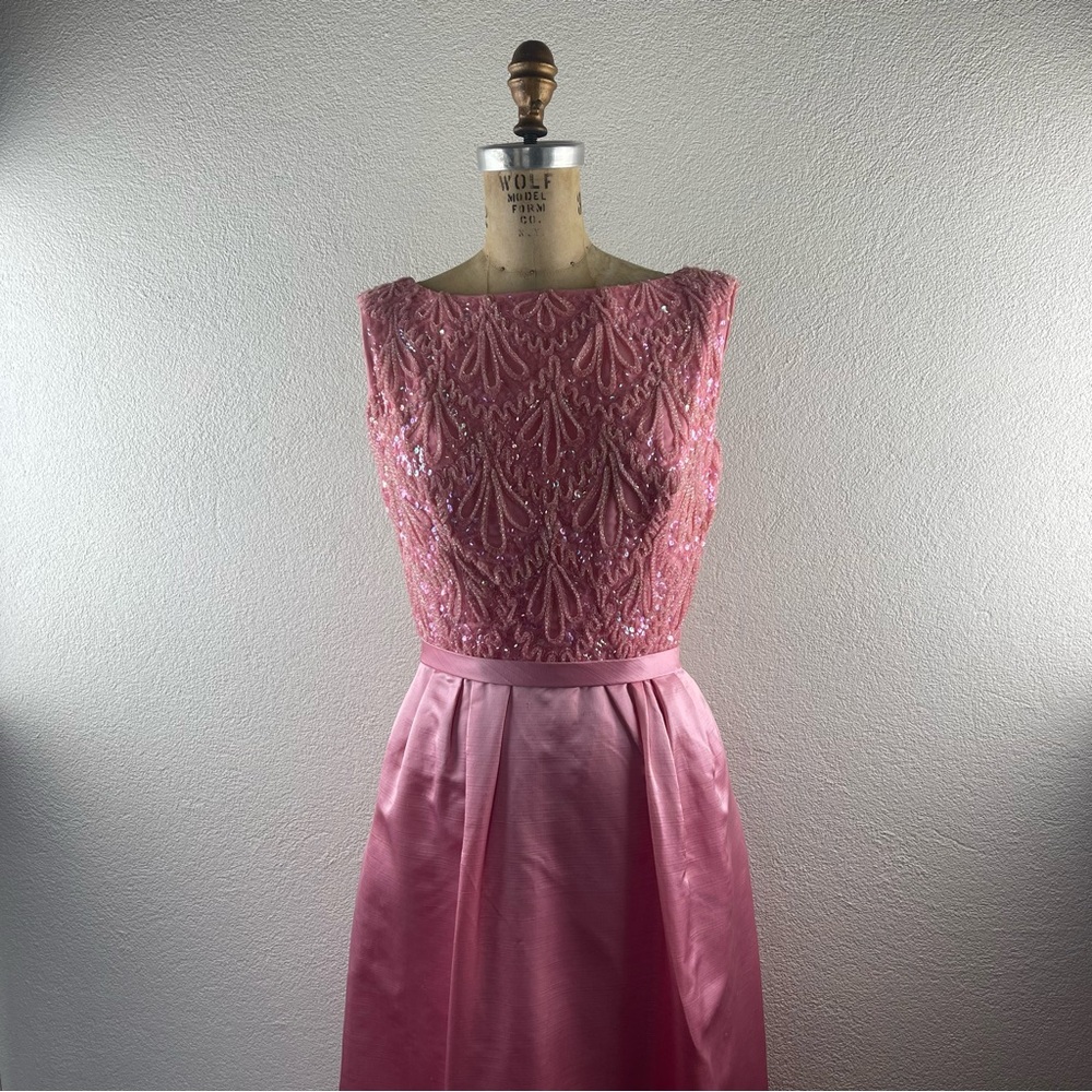 Vintage l 60s S Lee Claire New York Silk Cotton Candy Pink Sequined Sheath Gown
